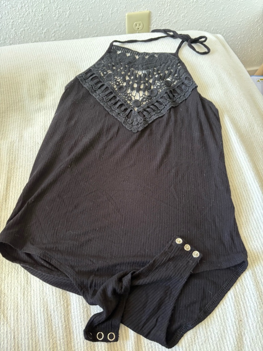 Mudd Black Crochet Halter with Fringe Accent